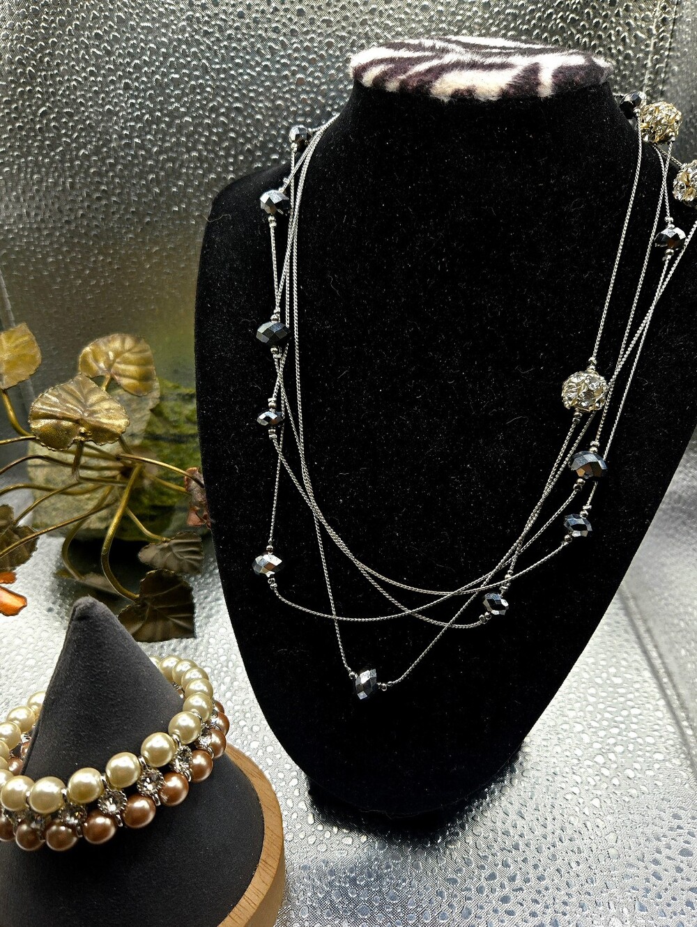 "5/$40"Long Silvertone Bead Station Necklace 74" Faux Pearl/Rhinestone Bracelet